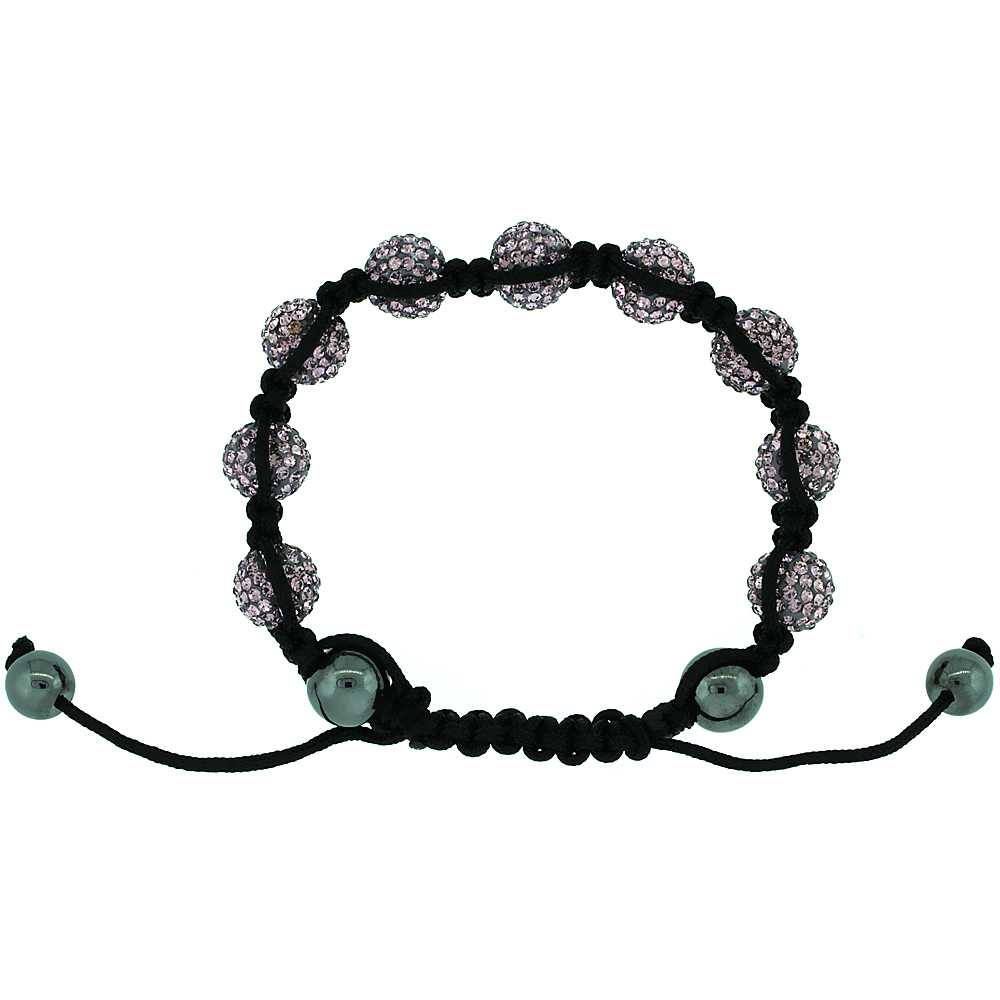 10mm Shamballa Inspired Pink Crystal Ball Bracelet Tibetan Macrame with Hematite Beads, 7- 8 inch