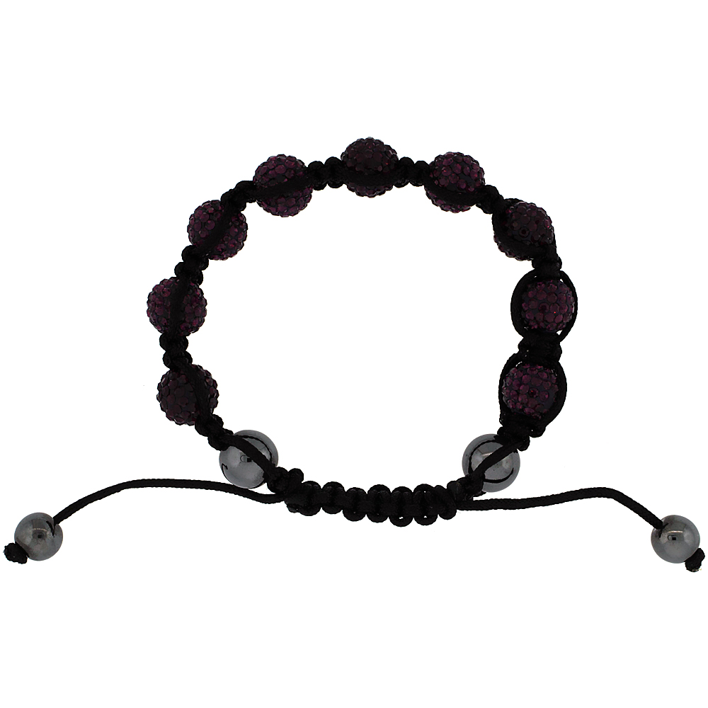 10mm Shamballa Inspired Purple Amethyst Crystal Ball Bracelet Tibetan Macrame Hematite Beads, 7-8 inch