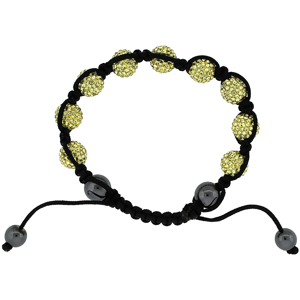 10mm Shamballa Inspired Yellow Crystal Ball Bracelet Tibetan Macrame with Hematite Beads, 7- 8 inch