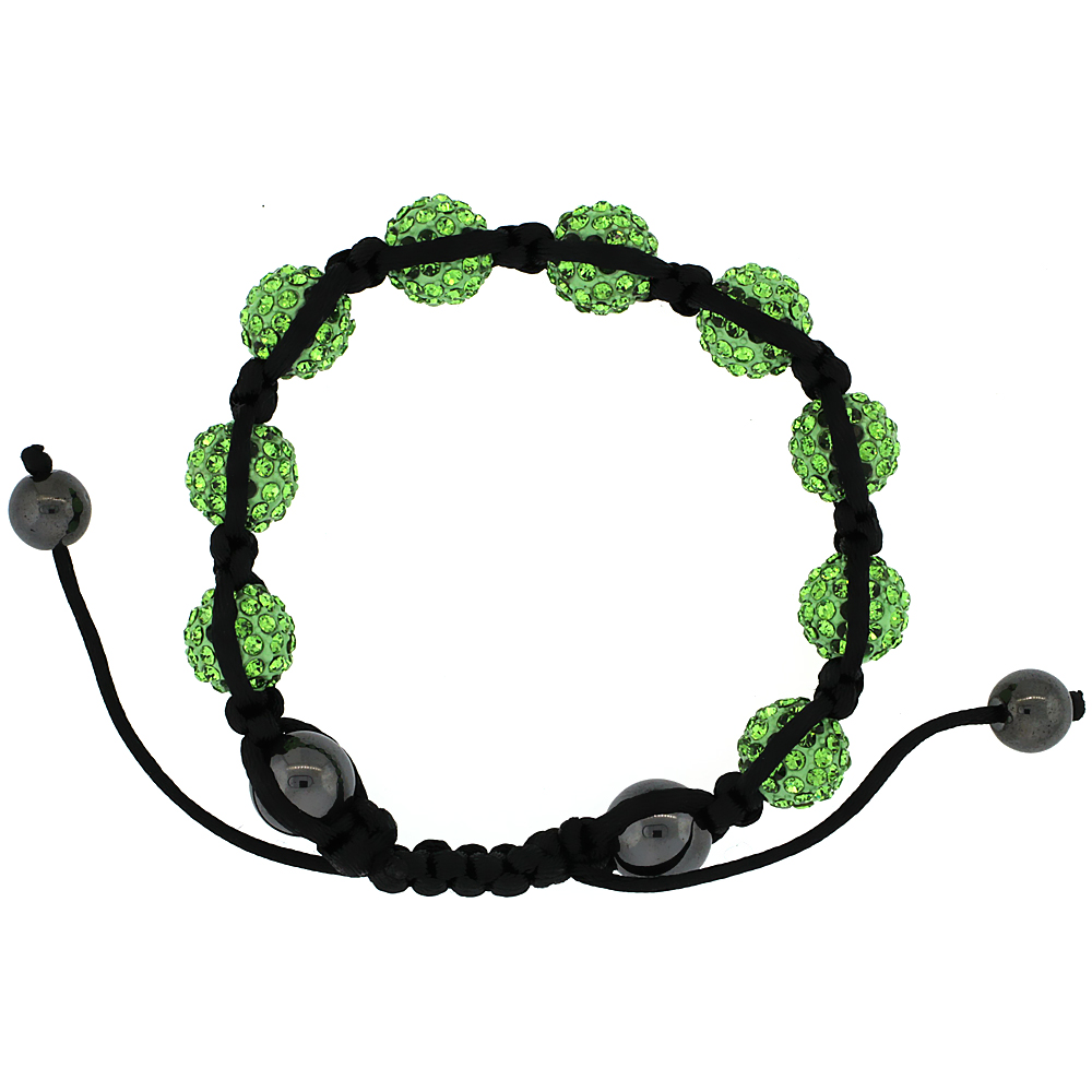 11mm Shamballa Inspired Green Peridot Crystal Ball Bracelet Tibetan Macrame with Hematite Beads, 7-8 inch