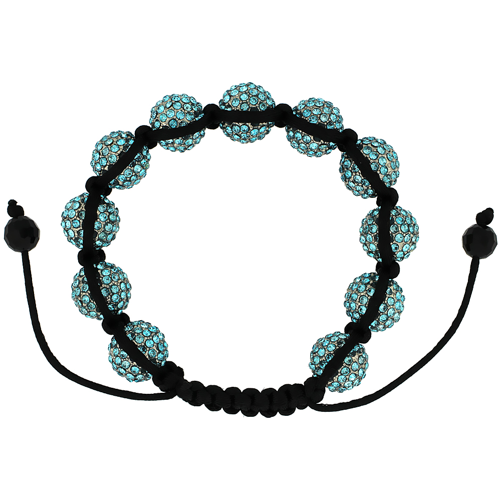 12mm Shamballa Inspired Blue Topaz Color Crystal Ball Bracelet Tibetan Macrame Adjustable, 7- 8 inch