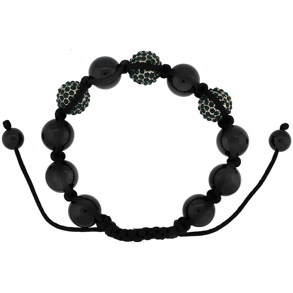 12mm Shamballa Inspired Emerald Green Crystal Ball Bracelet Tibetan Macrame with Hematite Beads, 7-8 inch