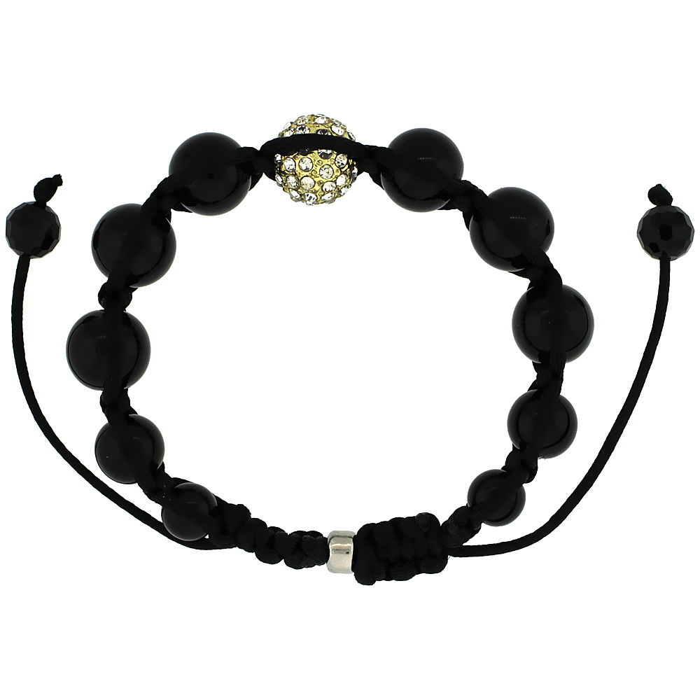 12mm Shamballa Inspired Yellow Crystal Ball Bracelet Tibetan Macrame with Hematite Beads, 7- 8 inch