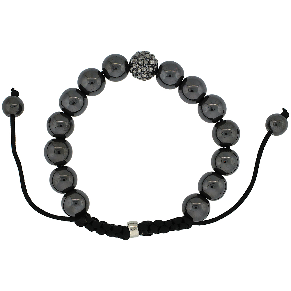 10mm Shamballa Inspired White Crystal Ball Bracelet Tibetan Macrame with Hematite Beads, 7- 8 inch