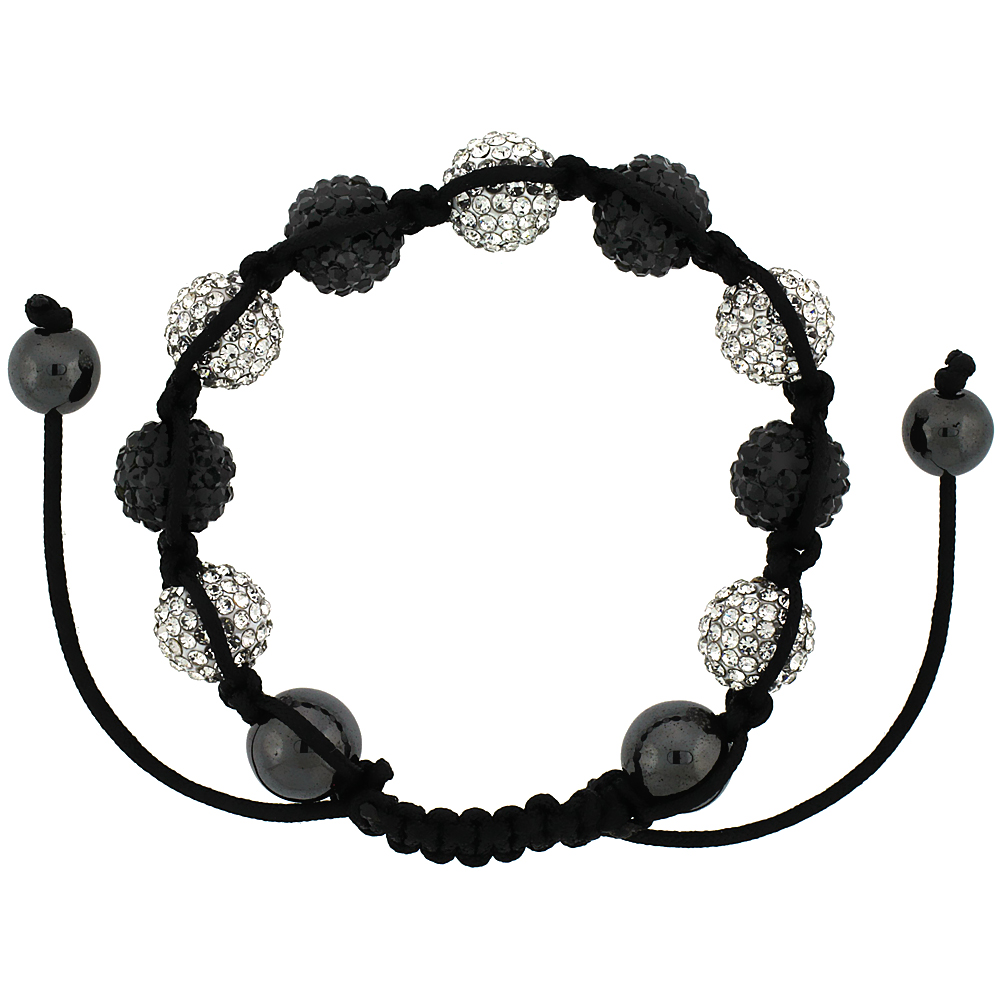 10mm Shamballa Inspired White & Black Crystal Ball Bracelet Tibetan Macrame with Hematite Beads, 7-8 inch