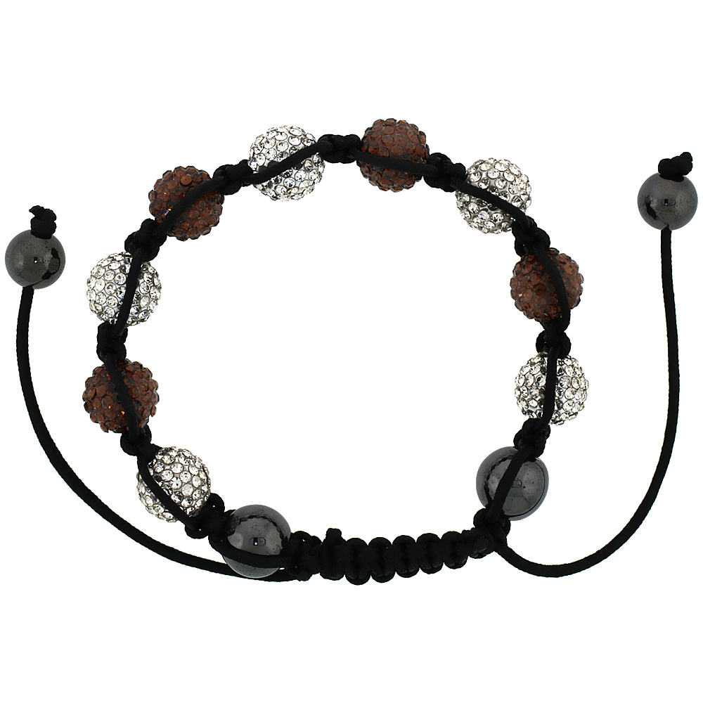 10mm Shamballa Inspired White & Brown Crystal Ball Bracelet Tibetan Macrame with Hematite Beads, 7-8 inch