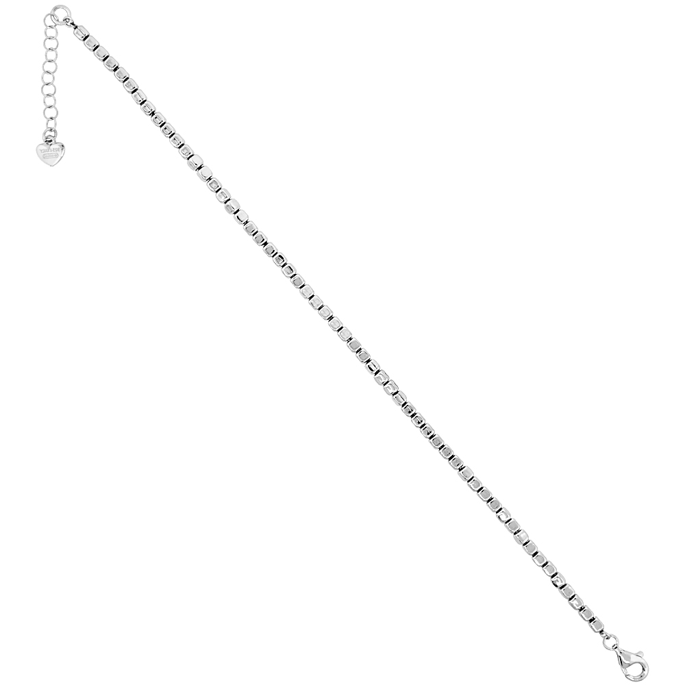 STERLING SILVER ITALIAN SQUARE BEAD BRACELET RHODIUM FINISH, 7 INCH LONG + 1 INCH EXTENSION