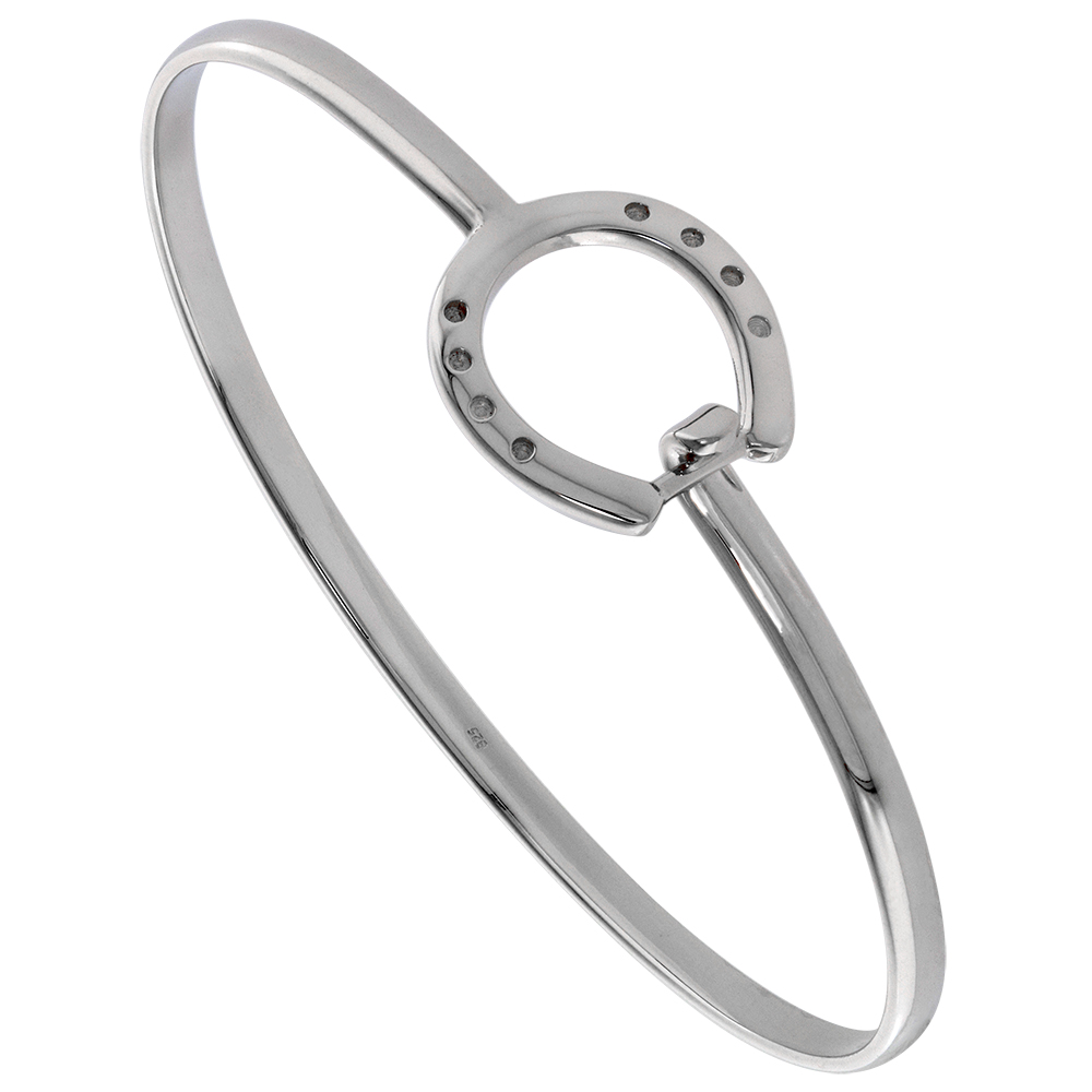 3/4 WIDE STERLING SILVER HORSESHOE BANGLE BRACELET FOR WOMEN HOOK AND EYE CLASP FLAWLESS HIGH POLISH FINISH 7 INCH WRIST SIZE