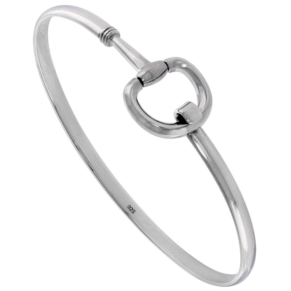 5/8 WIDE STERLING SILVER SNAFFLE BIT BANGLE BRACELET FOR WOMEN HOOK AND EYE CLASP FLAWLESS HIGH POLISH FINISH 7 INCH WRIST SIZE