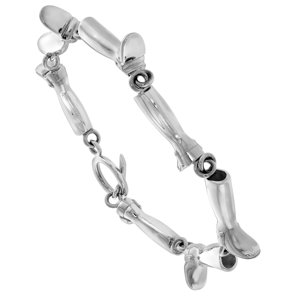 SOLID HEAVY STERLING SILVER LINKED RIDING BOOTS BRACELET FOR WOMEN TOGGLE CLASP FLAWLESS POLISHED FINISH 7.5 INCH