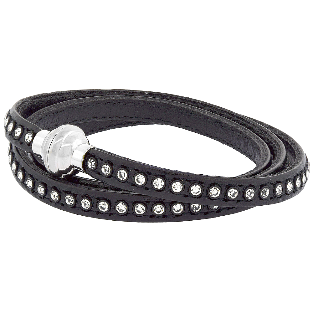Quality Full Grain Black Leather Wrap Bracelet Swarovski Crystal Studded Magnetic Clasp Italy 22.5 inch