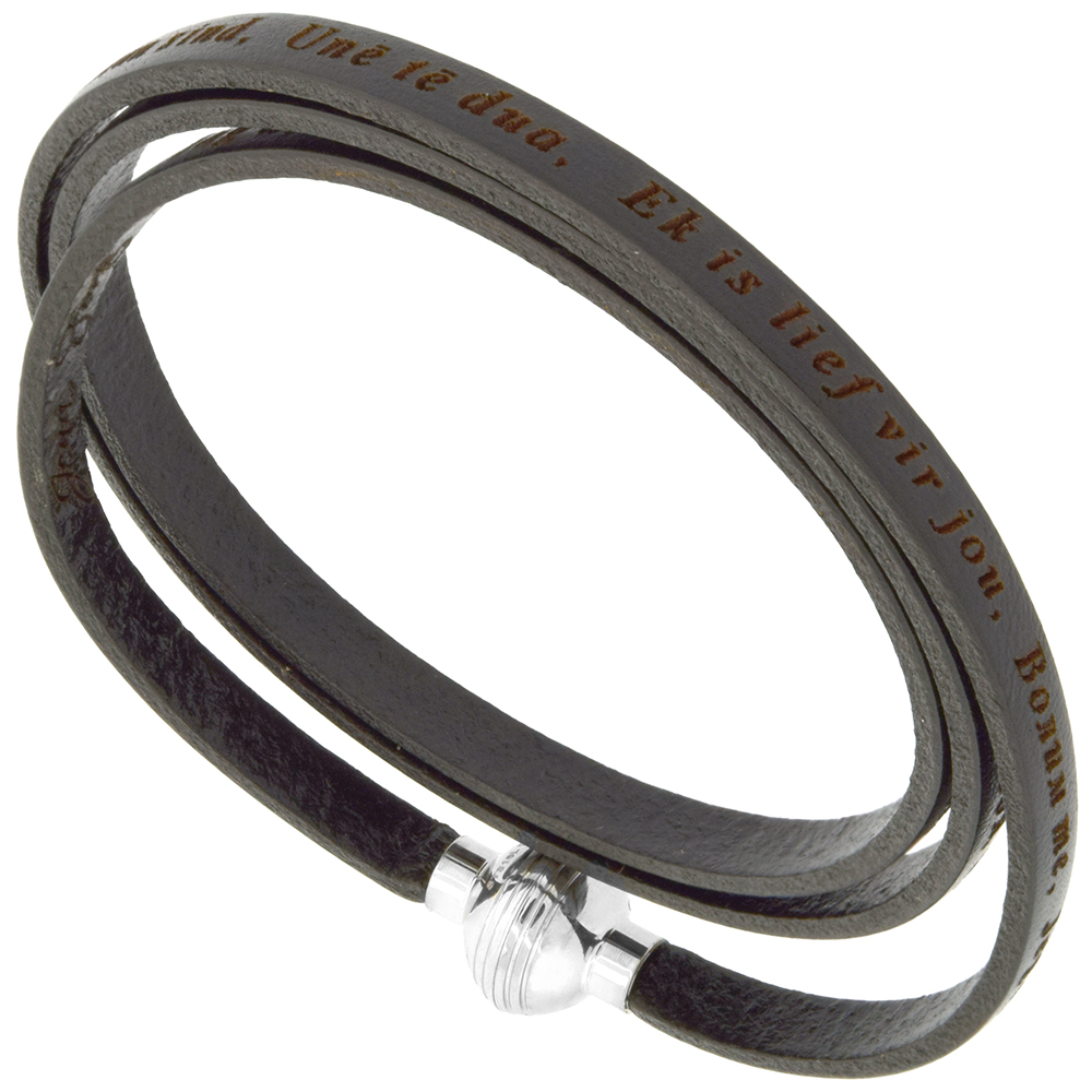 Italian Full Grain 3 Wrap Black Leather I Love You Bracelet Stainless Steel Magnetic Clasp 24 inch