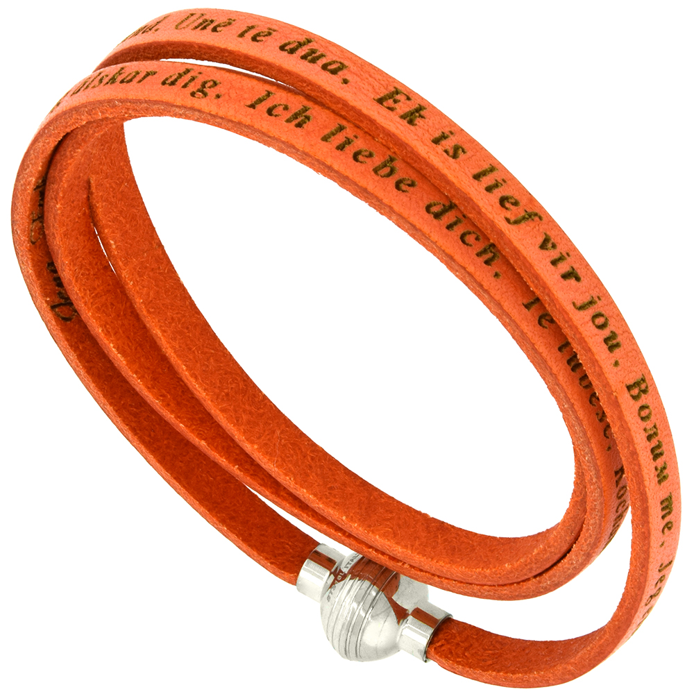 Italian Full Grain 3 Wrap Orange Leather I Love You Bracelet Stainless Steel Magnetic Clasp 24 inch