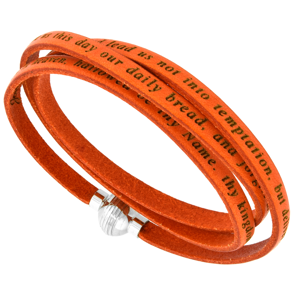 ITALIAN FULL GRAIN 3 WRAP ORANGE LEATHER LORDS PRAYER BRACELET STAINLESS STEEL MAGNETIC CLASP 21 INCH