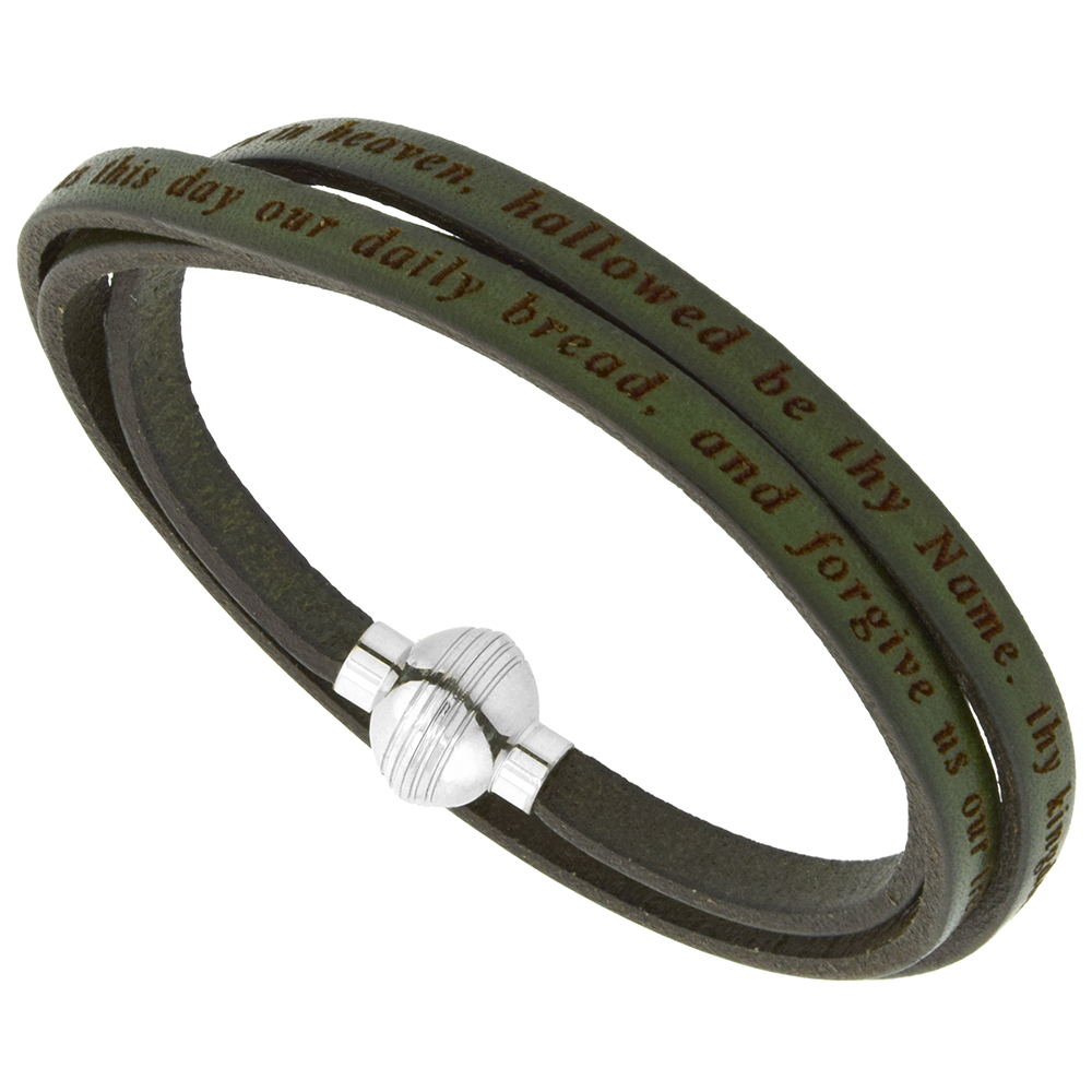 Italian Full Grain 3 Wrap Olive Green Leather Lords Prayer Bracelet Stainless Steel Magnetic Clasp 22.5 Inch