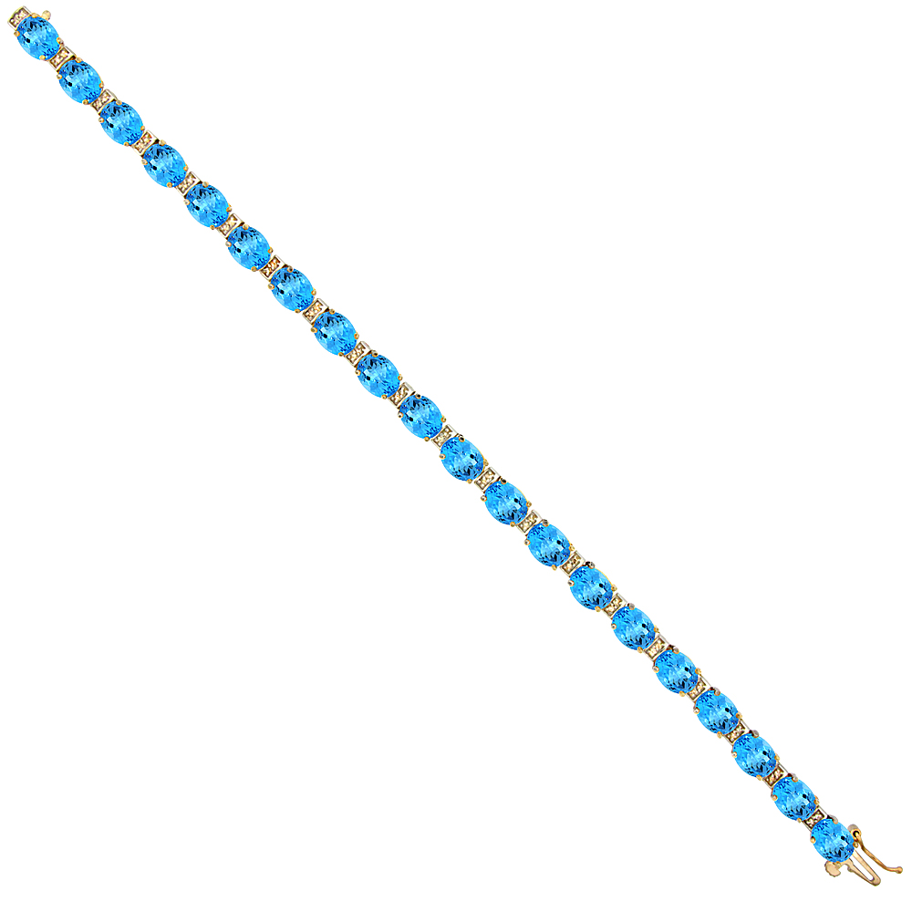 10K YELLOW GOLD NATURAL SWISS BLUE TOPAZ OVAL TENNIS BRACELET 7X5 MM STONES, 7 INCHES