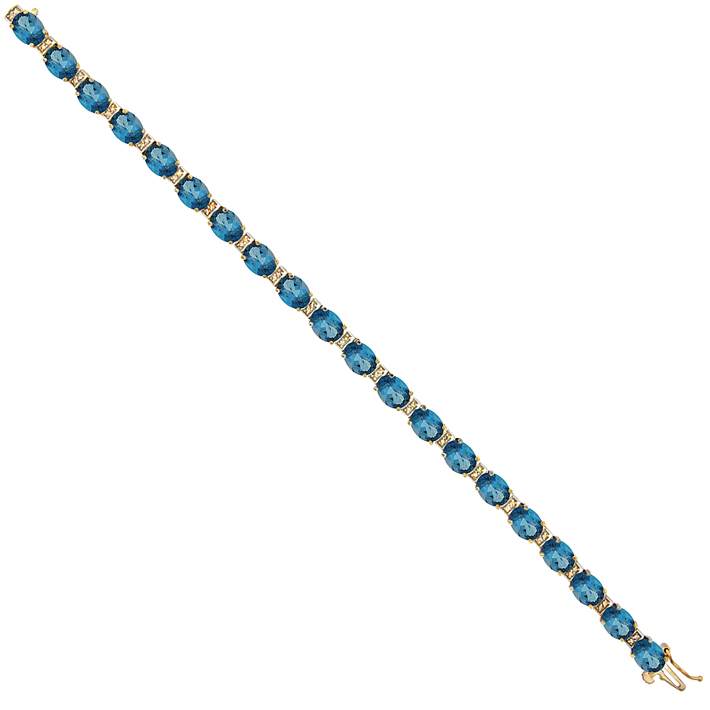 10K YELLOW GOLD NATURAL LONDON BLUE TOPAZ OVAL TENNIS BRACELET 7X5 MM STONES, 7 INCHES