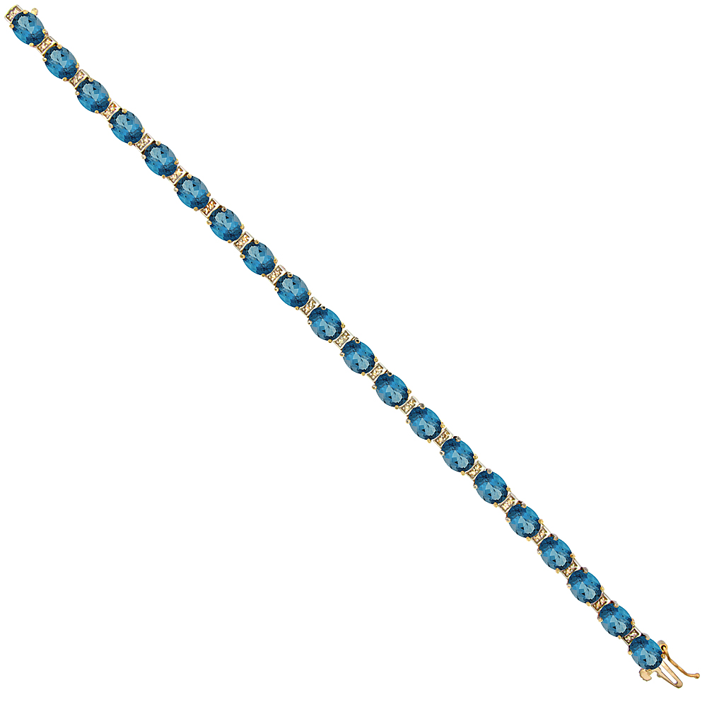 10K Yellow Gold Natural London Blue Topaz Oval Tennis Bracelet 7x5 mm stones, 7 inches