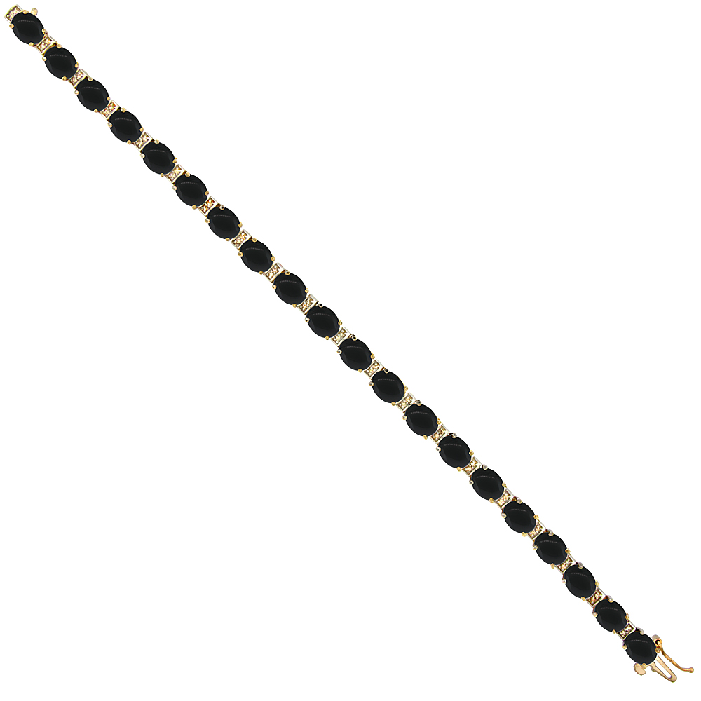 10K Yellow Gold Natural Black Onyx Oval Tennis Bracelet 7x5 mm stones, 7 inches