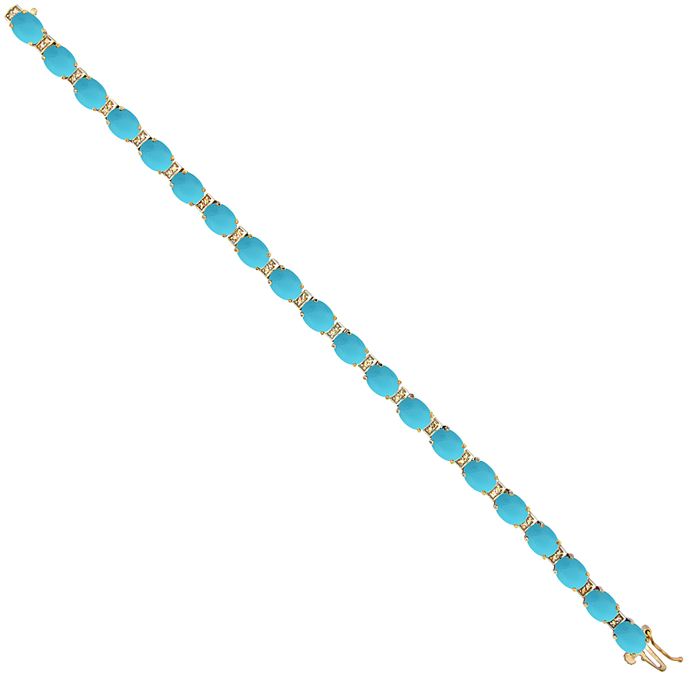 10K YELLOW GOLD NATURAL TURQUOISE OVAL TENNIS BRACELET 7X5 MM STONES, 7 INCHES