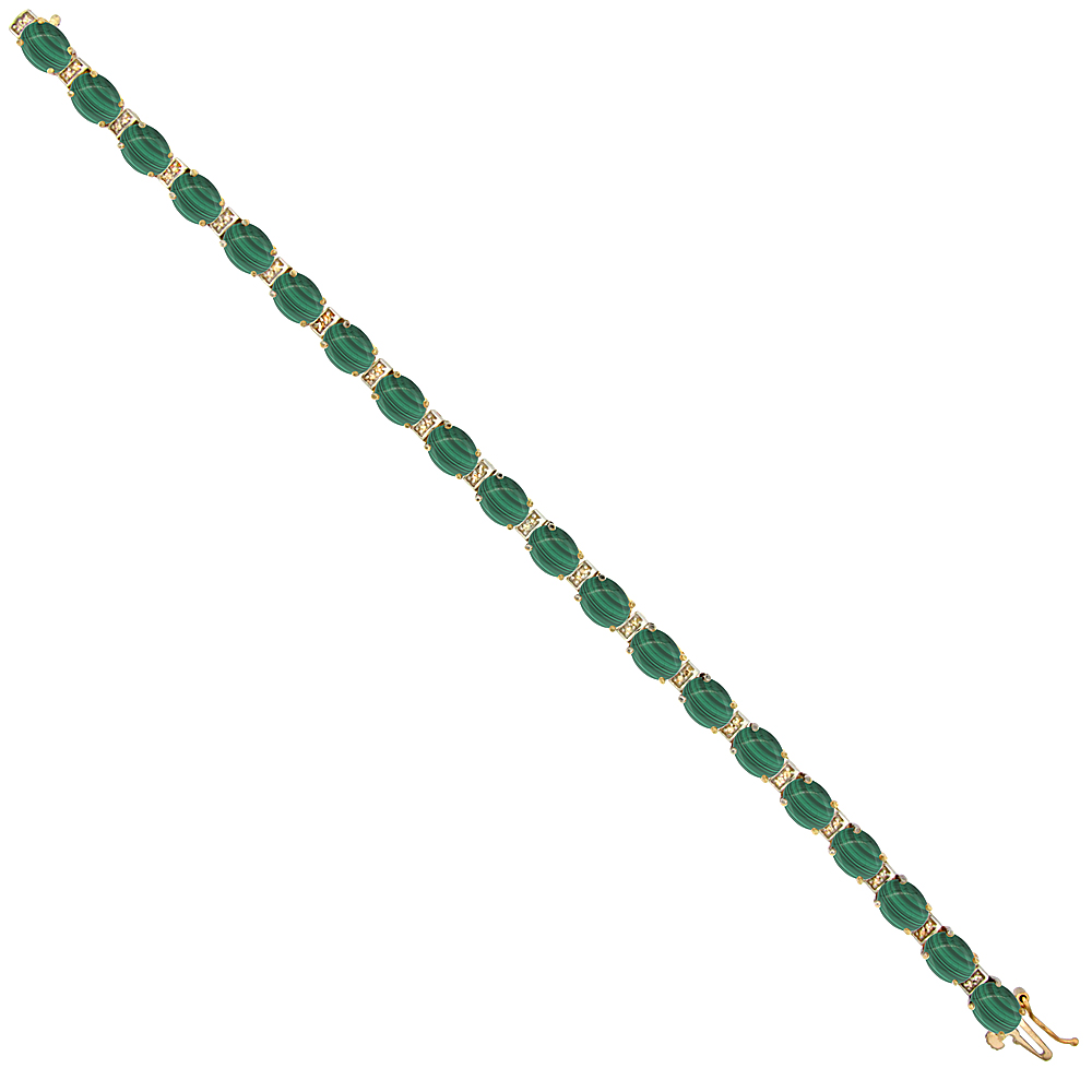 10K YELLOW GOLD NATURAL MALACHITE OVAL TENNIS BRACELET 7X5 MM STONES, 7 INCHES
