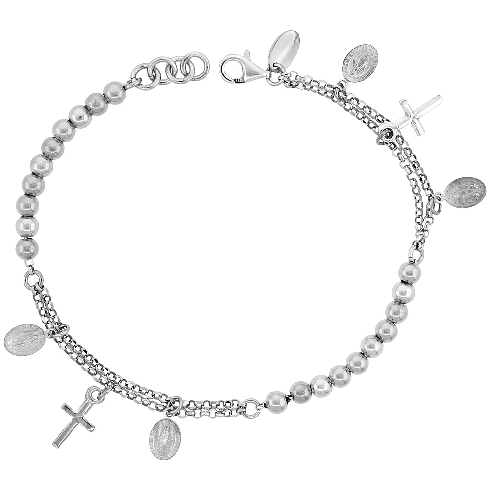 STERLING SILVER ROSARY BRACELET MIRACULOUS MEDAL 4 MM BEADS RHODIUM FINISH ITALY 7 INCH