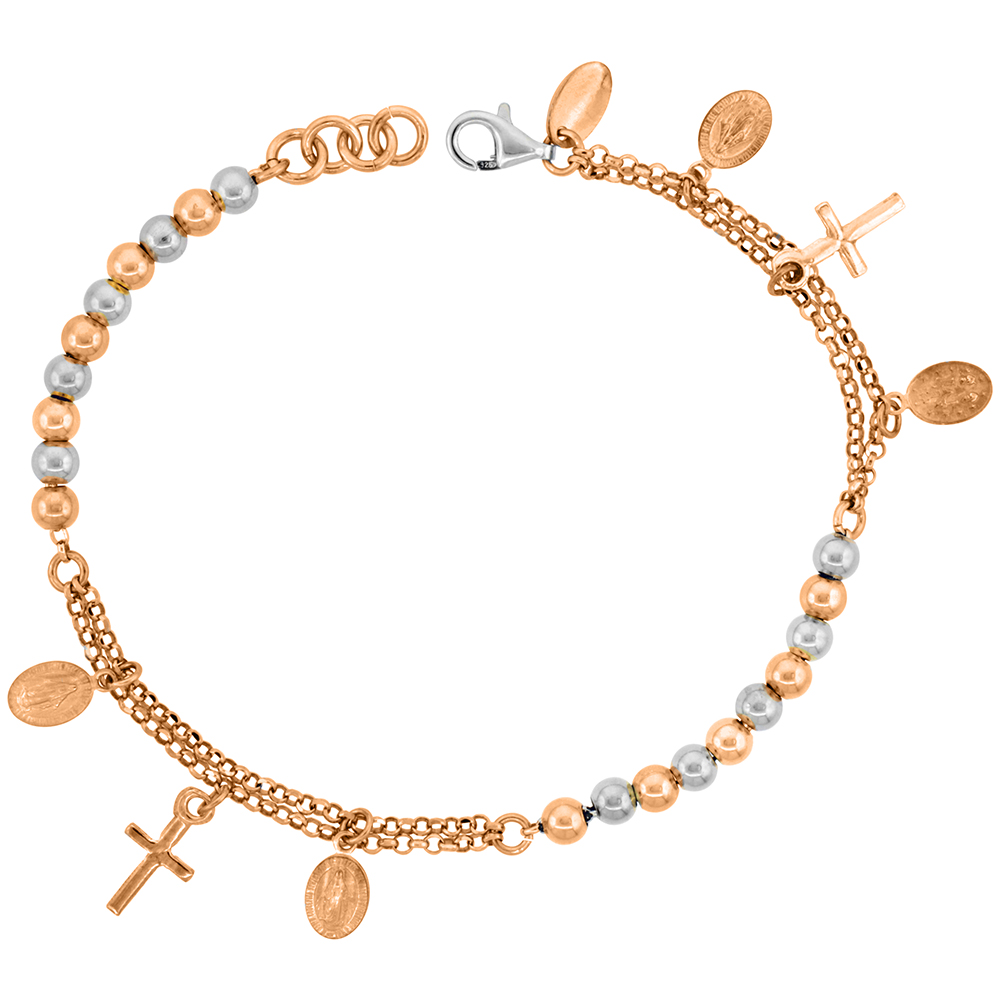 STERLING SILVER ROSARY BRACELET MIRACULOUS MEDAL 4 MM BEADS TWO-TONE ROSE FINISH ITALY 7 INCH