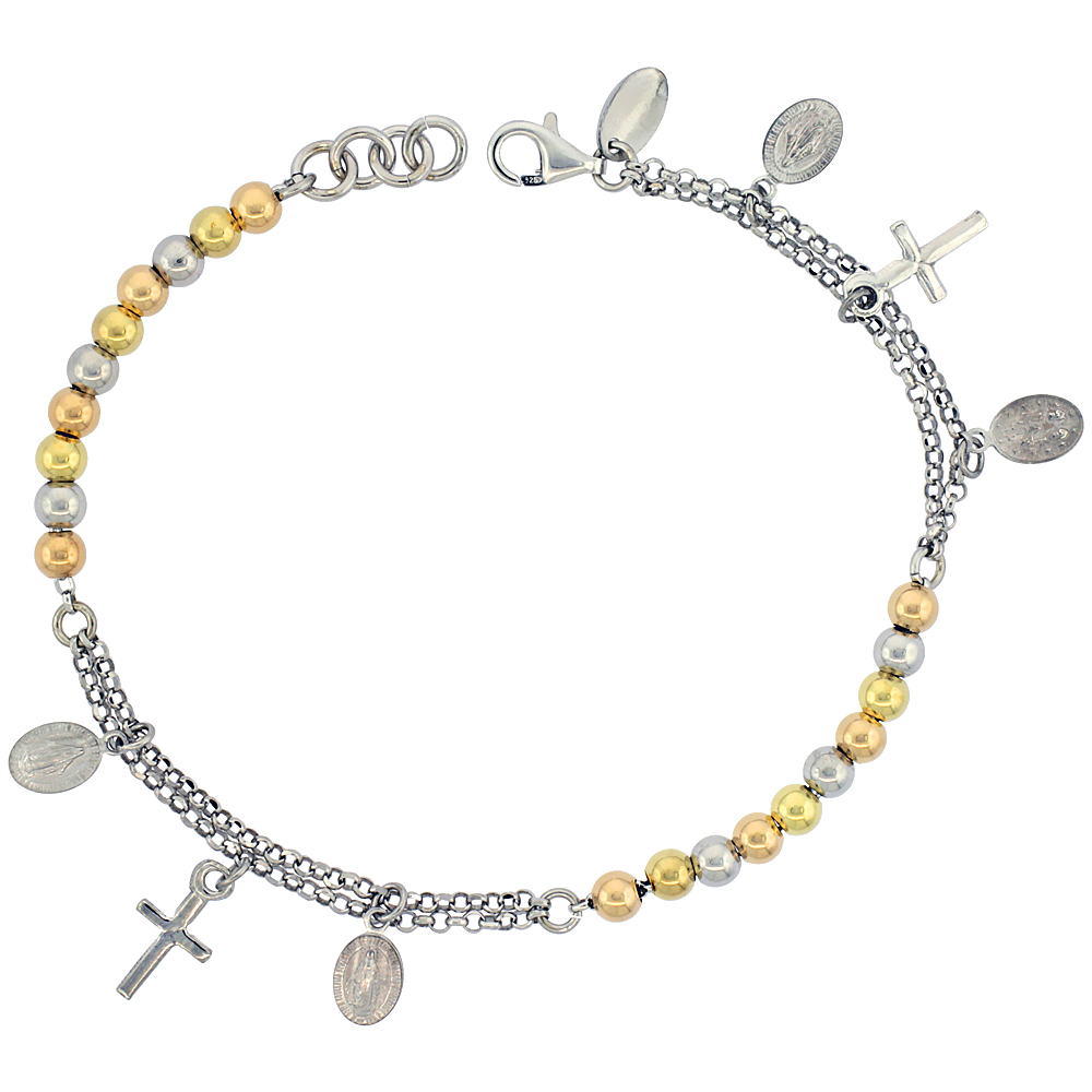 Sterling Silver Rosary Bracelet Miraculous Medal 4 mm Beads 3-tone Rhodium finish Italy 7 inch