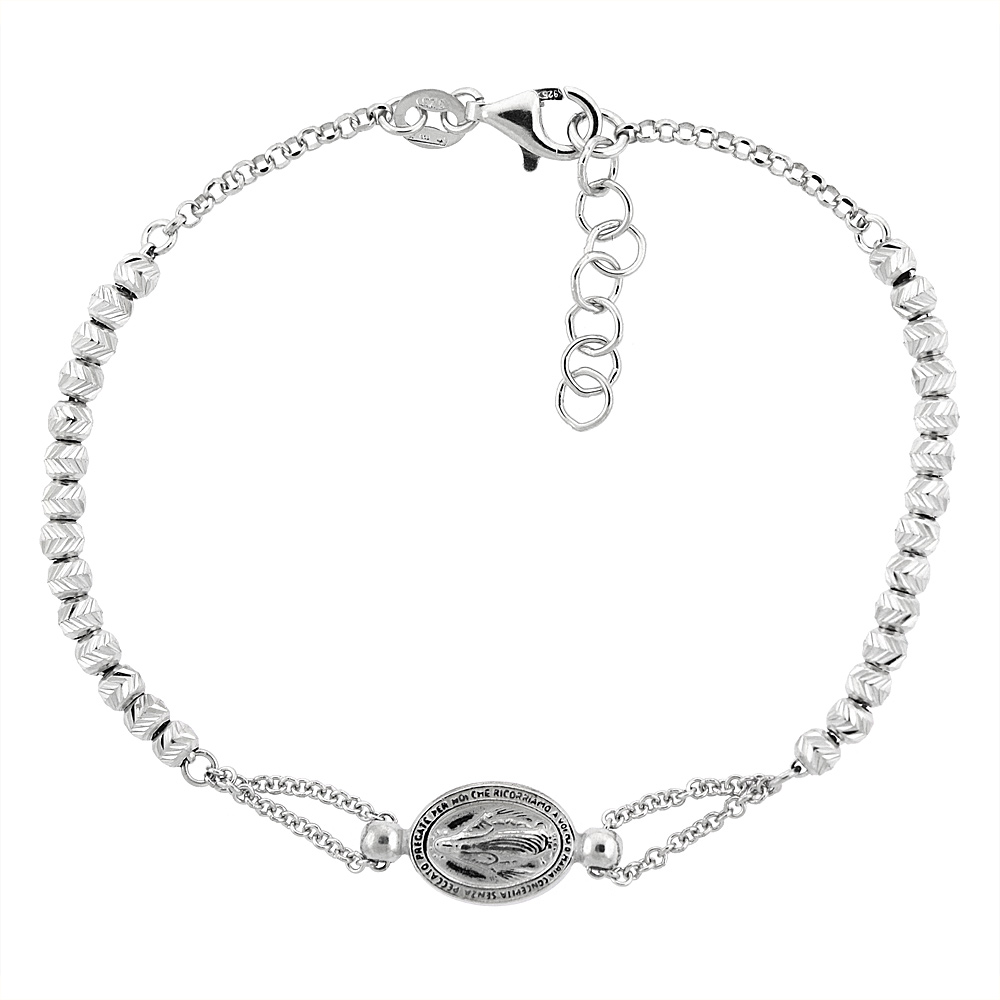 STERLING SILVER MIRACULOUS MEDAL BRACELET VIRGIN MARY DIAMOND CUT BEADS RHODIUM FINISH ITALY