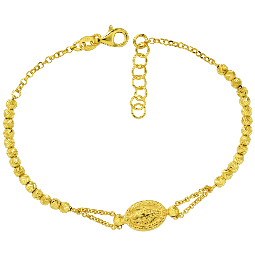 STERLING SILVER MIRACULOUS MEDAL BRACELET VIRGIN MARY DIAMOND CUT BEADS GOLD FINISH ITALY