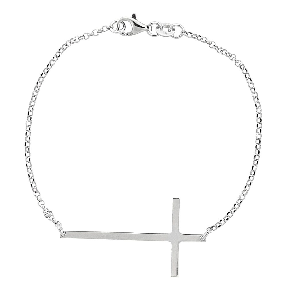 STERLING SILVER SIDEWAYS CROSS BRACELET FOR WOMEN RHODIUM FINISH ITALY, 7.5 INCH