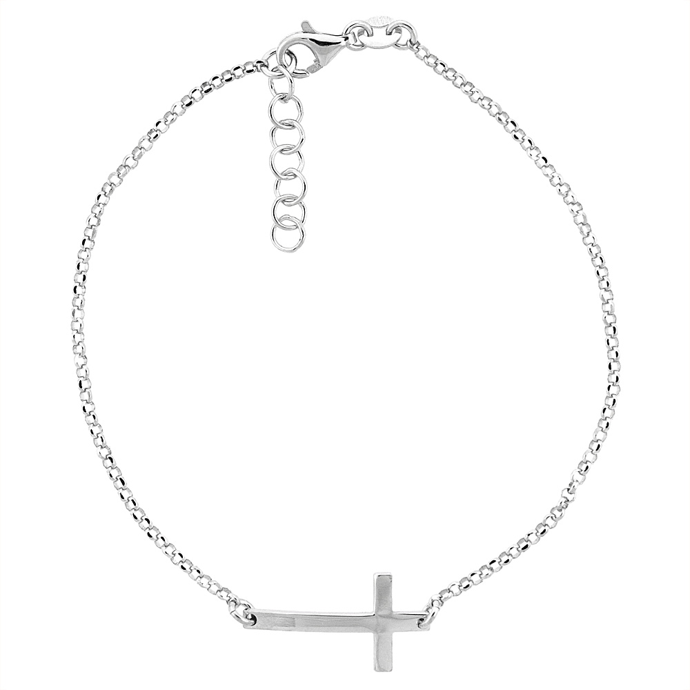 STERLING SILVER DAINTY SIDEWAYS CROSS BRACELET FOR WOMEN RHODIUM FINISH ITALY, 7.5 - 8 INCH