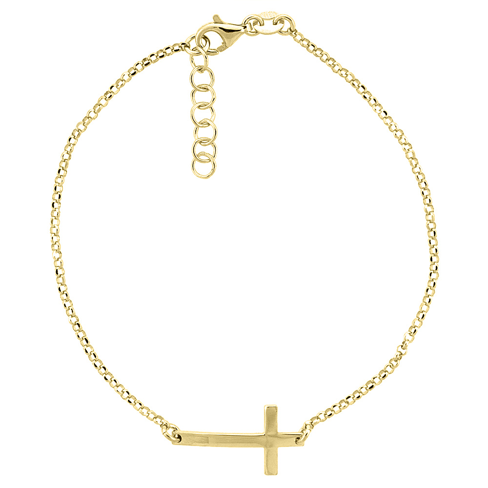 STERLING SILVER DAINTY SIDEWAYS CROSS BRACELET FOR WOMEN GOLD FINISH ITALY, 7.5 - 8 INCH