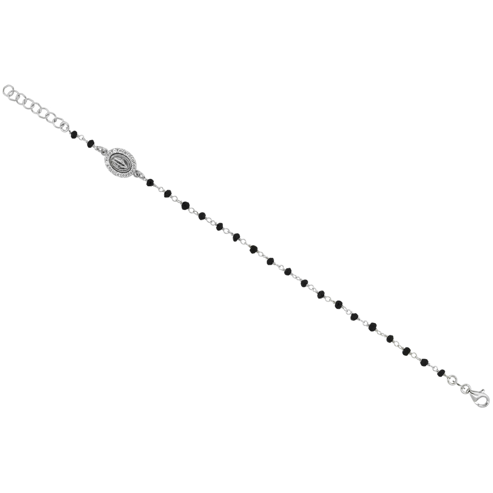 STERLING SILVER BLACK SPINEL MIRACULOUS MEDAL FACETED NATURAL BEADS CZ HALO 7 - 8 INCH