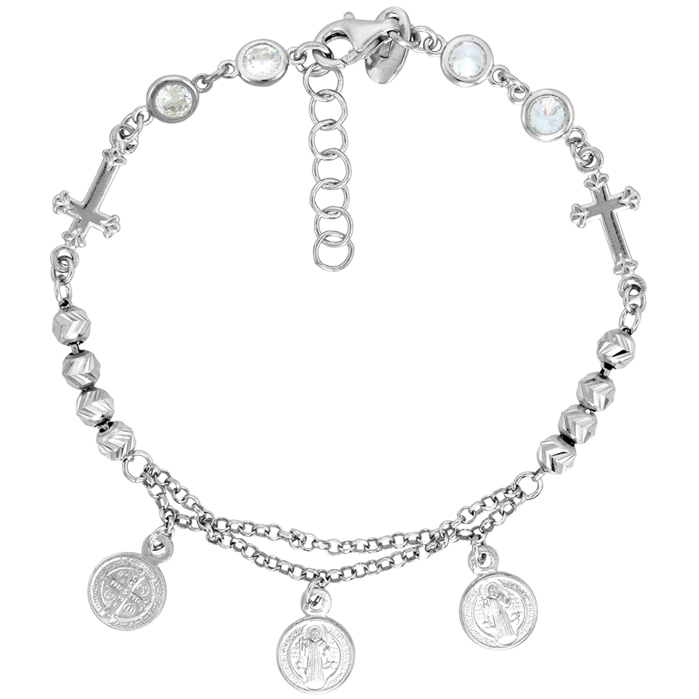 STERLING SILVER ST. BENEDICT BRACELET FOR WOMEN CROSSES DIAMOND CUT BEADS CZ RHODIUM 7-8 INCH