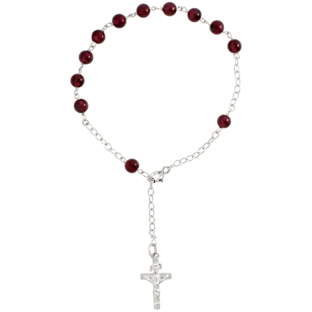 STERLING SILVER NATURAL GARNET ROSARY BRACELET 5 MM BEADS, 7 1/4 INCH LONG