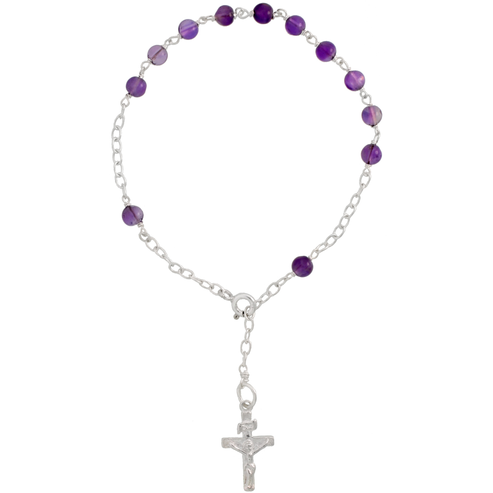 STERLING SILVER NATURAL AMETHYST ROSARY BRACELET 5 MM BEADS, 7 1/4 INCH LONG