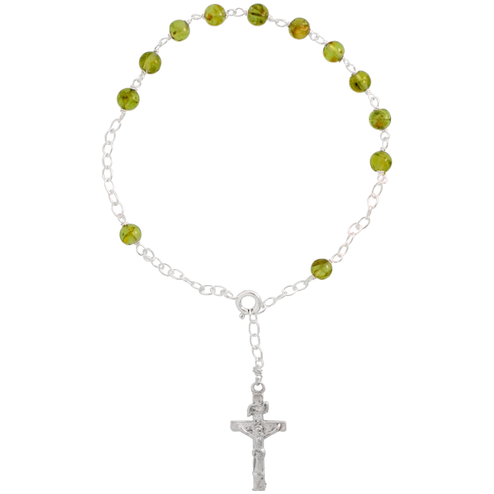 STERLING SILVER NATURAL PERIDOT ROSARY BRACELET 5 MM BEADS, 7 1/4 INCH LONG