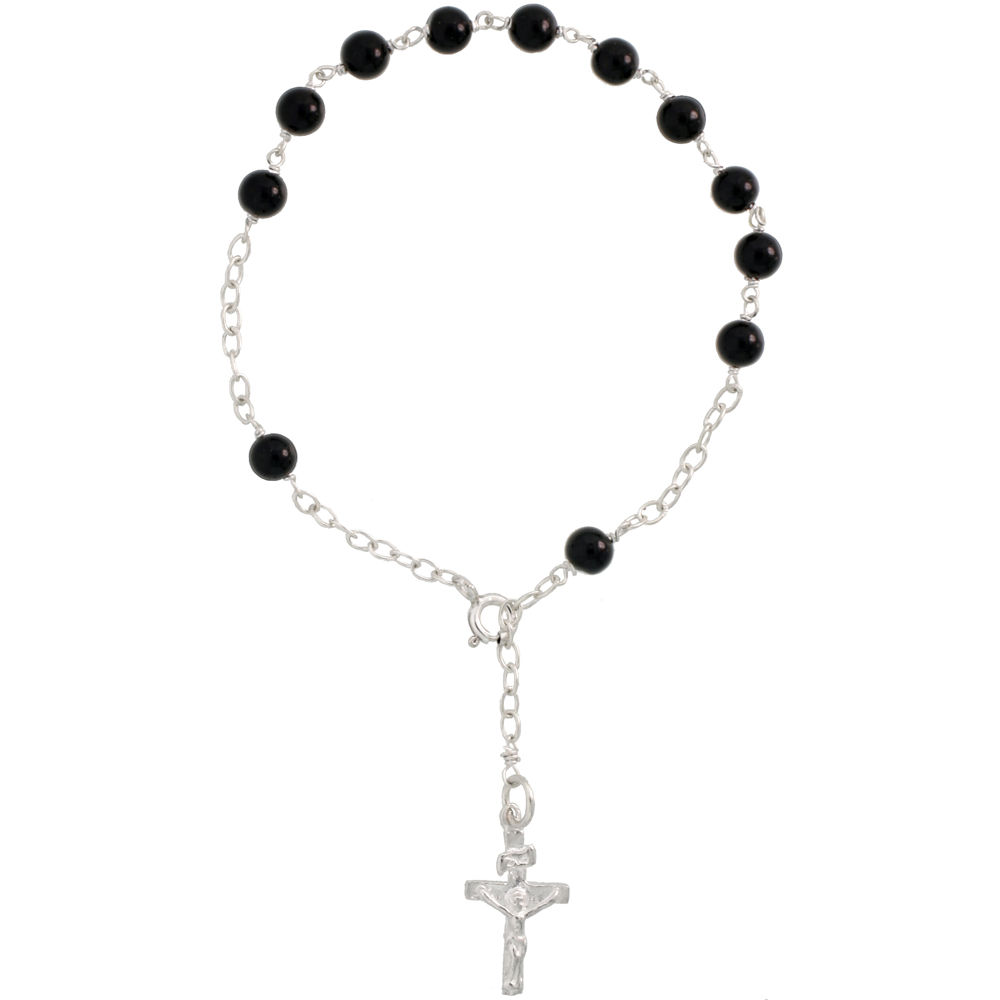 STERLING SILVER NATURAL BLACK ONYX ROSARY BRACELET 5 MM BEADS, 7 1/4 INCH LONG