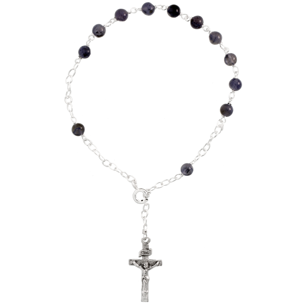 STERLING SILVER NATURAL IOLITE ROSARY BRACELET 5 MM BEADS, 7 1/4 INCH LONG