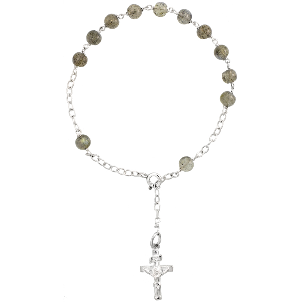 STERLING SILVER NATURAL LABRADORITE ROSARY BRACELET 5 MM BEADS, 7 1/4 INCH LONG
