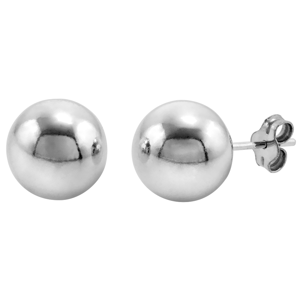 STERLING SILVER 10 MM BALL STUD EARRINGS FOR WOMEN & TEENS LARGE 3/8 INCH