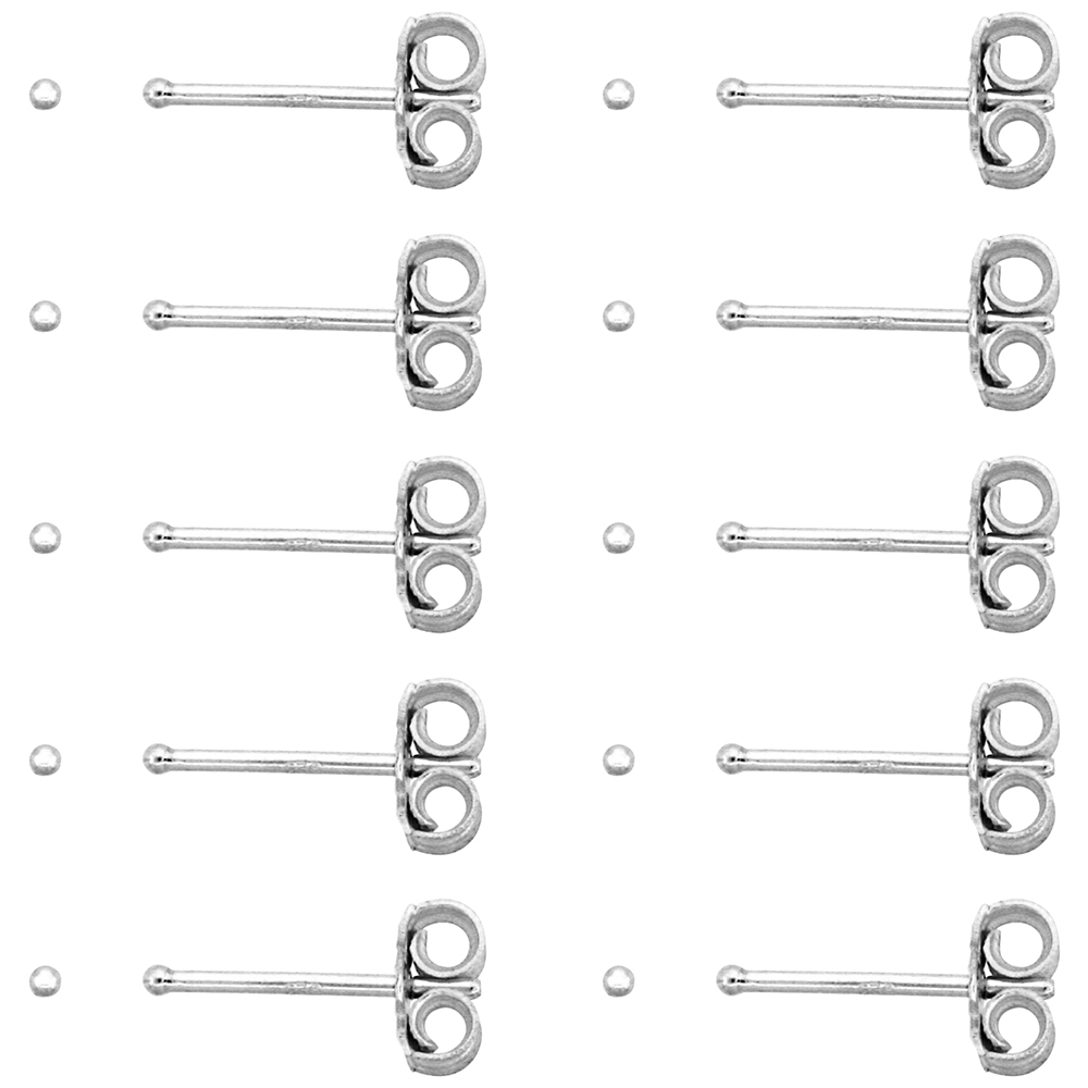 10-PAIR PACK STERLING SILVER VERY TINY 1MM BALL STUD EARRINGS / NOSE STUDS FOR WOMEN & TEENS 1/32 INCH