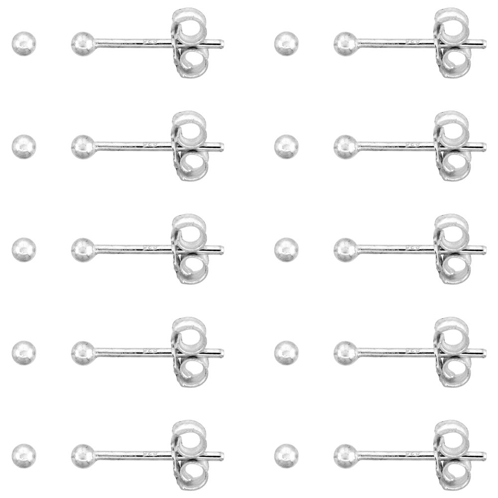 10-PAIR PACK STERLING SILVER TEENY 2MM BALL STUD EARRINGS / NOSE STUDS FOR WOMEN &amp; TEENS 1/16 INCH