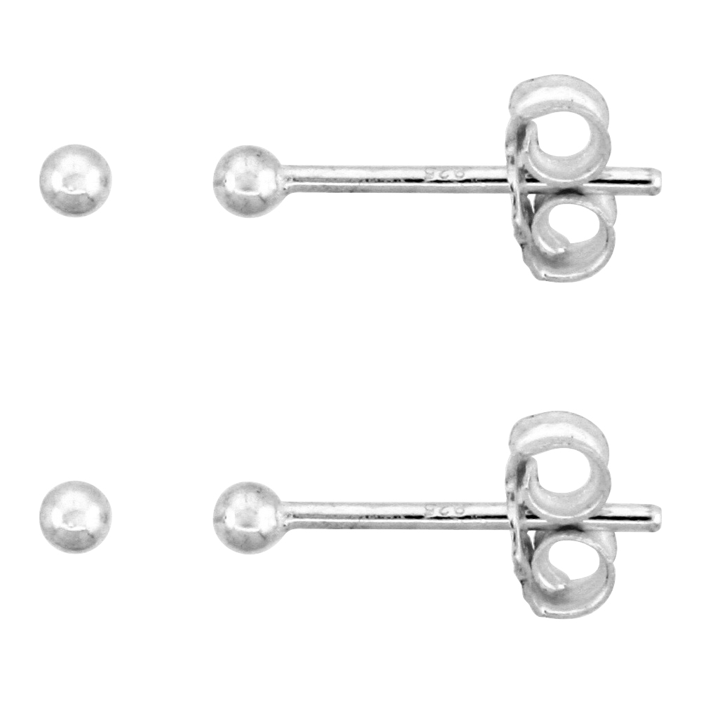 2-PAIR PACK STERLING SILVER TEENY 2MM BALL STUD EARRINGS / NOSE STUDS FOR WOMEN & TEENS 1/16 INCH