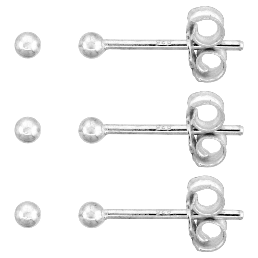 3-Pair Pack Sterling Silver Teeny 2mm Ball Stud Earrings / Nose Studs for Women and Girls 1/16 inch