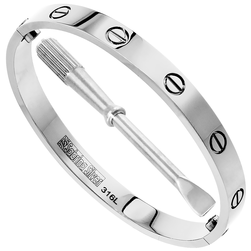 Stainless Steel Screws Bangle Bracelet for Women Oval High Polish 7mm wide, fits 7.75 inch wrists