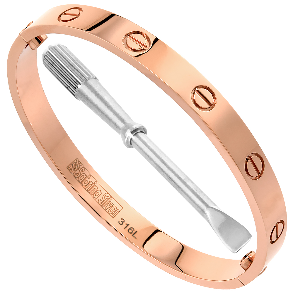 Stainless Steel Screw Head Bangle Bracelet for Women Oval Rose Gold 7mm wide, fits 7 inch wrists