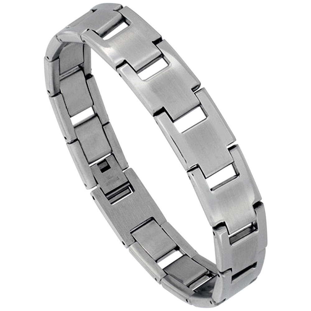 STAINLESS STEEL RECTANGULAR BAR LINK BRACELET FOR MEN MATTE CENTER 1/2 INCH WIDE, 8 INCHES LONG
