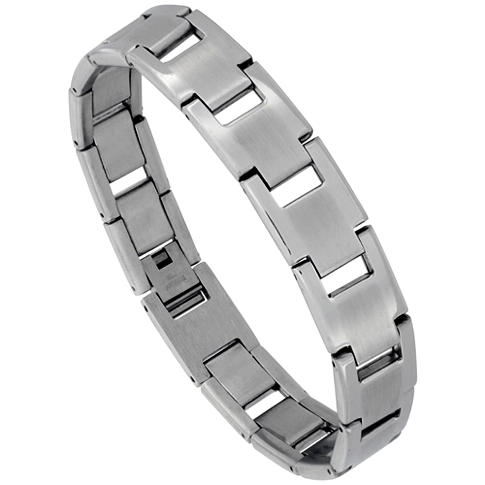 Stainless Steel Rectangular Bar Link Bracelet For Men Matte Center 1/2 inch wide, 8 inches long